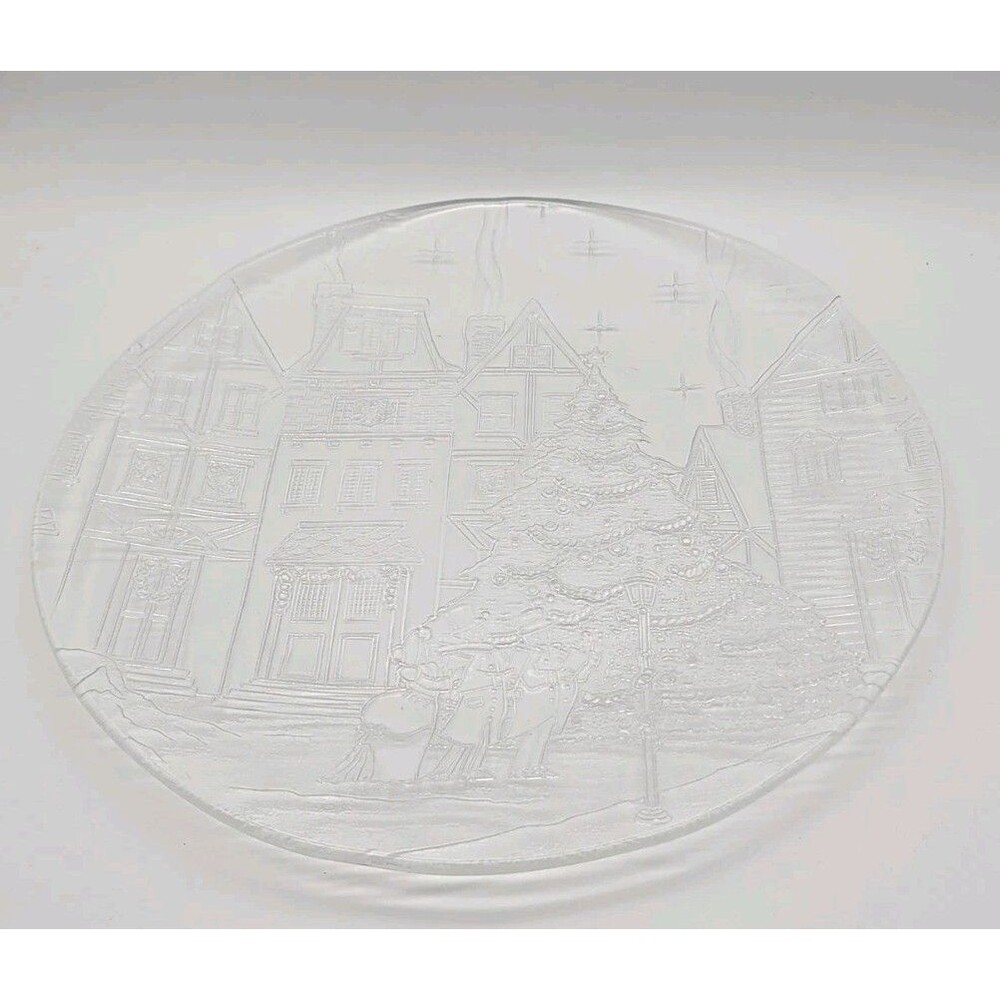Glass Clear Christmas Tree village design platter Stars Carolers Wreaths 14.25"